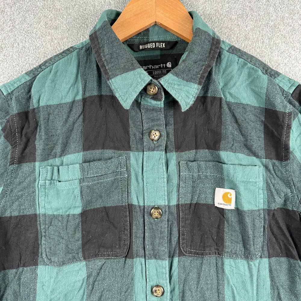 Carhartt Button Down‎ Womens Medium Green Plaid Rugged Flex TW5574-W Loose Fit